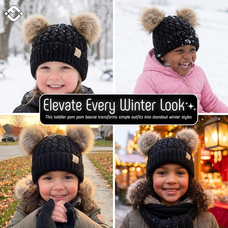 Funky Junque Toddler Double Pom Pom Beanie – Warm Knit Winter Hat for Girls Ages 1–6, Soft Kids Poms Beanies for Cold Weather - Image 5